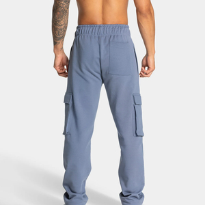 Pantalon cargo en coton bleu pour homme, taille à cordon de serrage, coupe classique, couleur unie, longueur intégrale, poches latérales - Product Image 2