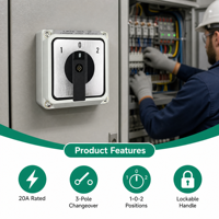 WNZJ LW28-20A 1-0-2 Interrupteur Rotatif à Came Industriel Électrique 230-440V 20A Gris Extérieur IP65 Étanche Certifié CE