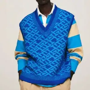 사용자 정의 남성 조끼 스웨터 자카드 니트 질레 민소매 여름 인쇄 격자 무늬 V-넥 패션 남성 니트 스웨터 조끼