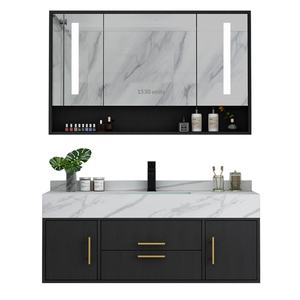 Meuble de salle de bain mural intelligent en bois massif et marbre, style luxe léger, moderne et épuré, avec éclairage LED anti-buée - Product Image 5