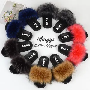 2023 Autumn Winter Fashion Raccoon Women's Fox Faux Fur Slides Slippers Custom Logo Wholesale