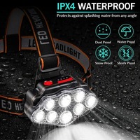 Lampe frontale multifonctionnelle à 8 LED rechargeable par USB, en ABS, étanche IP54, 8 modes, portée du faisceau 200-300M, CRI 50, pour le camping