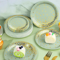 Kit de vaisselle jetable vert sauge avec feuille d'or, assiettes en papier et nappe pour la décoration de fête d'anniversaire
