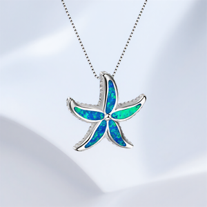 Lindo colgante de estrella de mar azul ópalo de fuego piedra estrella de mar collares para mujeres Vintage Color plata caja cadenas collar joyería de boda - Product Image 1