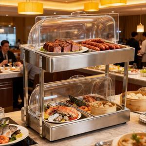 Station de maintien au chaud des aliments en acier inoxydable double couche avec couvercle transparent pour hôtels et restaurants - Product Image 1