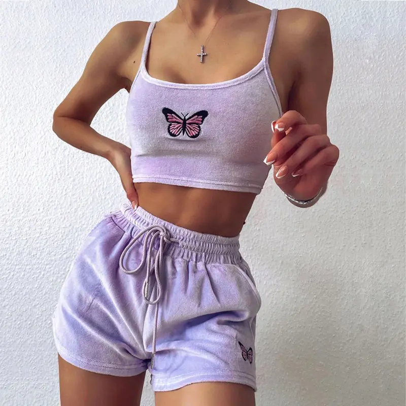 Custom Velour 2 Piece Set Women Sexy Summer Butterfly Embroidery Cami Top Short Set Casual Outfit Lingerie Velvet Women's Sets