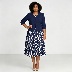 Ensemble élégant deux pièces pour femmes grandes tailles, veste en crêpe avec robe midi à imprimé géométrique, tenue de soirée printemps - Product Image 4