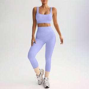 Factory Wholesale Seamless Rib Yoga Wear Suit Women Sportswear Quick Dry Fitness Running <b>Tight</b> Sports Bra and Legging Set - Product Image 4