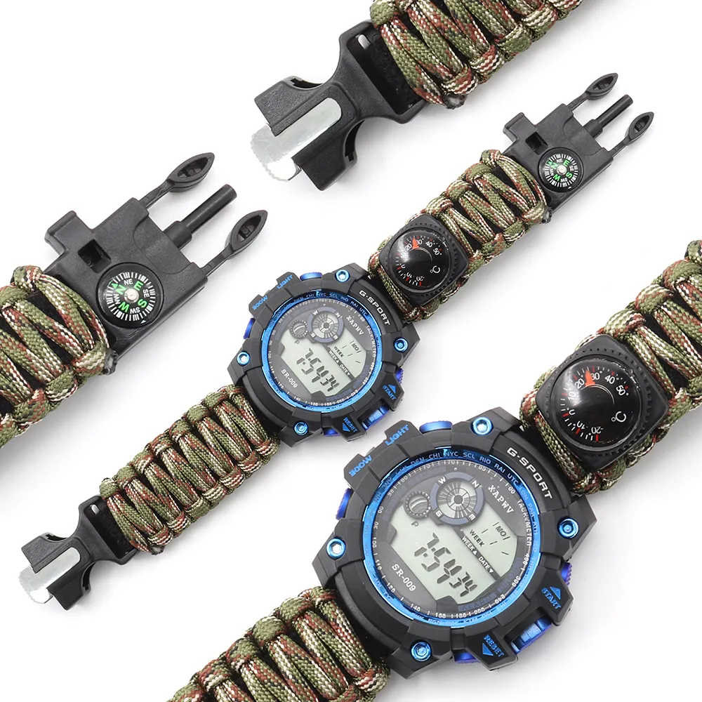 Outdoor Camping Wandern Multifunktions geflochtene Paracord Survival Uhr mit Compass Fire Flint