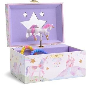 Girl's Musical Jewelry Storage Box with Spinning Unicorn Glitter Rainbow and Stars Design