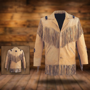 HMB-0510A HOMME MANTEAU EN CUIR MOTO MANTEAUX WESTERN FRANGES PERLES VESTE DE TRAVAIL COULEUR MARRON - Product Image 3