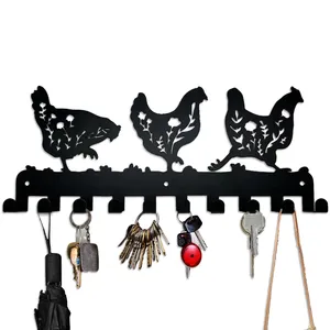 Rustic Chicken Patterned Key Holder with 10 Hooks Wall Mounted Metal Hook for Home Organization