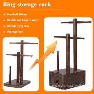 Solid Wood Ring Display Stand With Storage Box <b>Desktop</b> Jewelry Organizer For Baseball Rings And Necklaces - Product Image 5