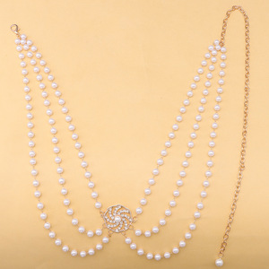 โซ่คาดเอวแฟชั่นยุโรป ดีไซน์ดอกไม้ ทองคำขาว สำหรับงานปาร์ตี้ หลายห่วง ประดับมุกเทียม - Product Image 3