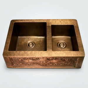 Évier de cuisine double cuve en cuivre fait main, design rustique brossé, cuve rectangulaire pour cuisines et salles de bain modernes - Product Image 5