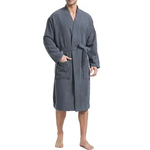 Batas de tela de rizo para hombres, bata de Kimono corta grande y alta para hombres, albornoz de Spa súper absorbente, longitud de pantorrilla con bolsillos