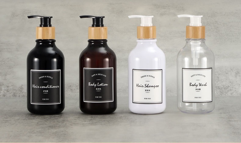 custom labels plastic soap pump bottle soap dispenser bottle liquid soap bottle with bamboo holder