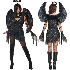 2024深色性感天使服装万圣节黑色天使舞台表演服装带翅膀手套发带女性角色扮演服装