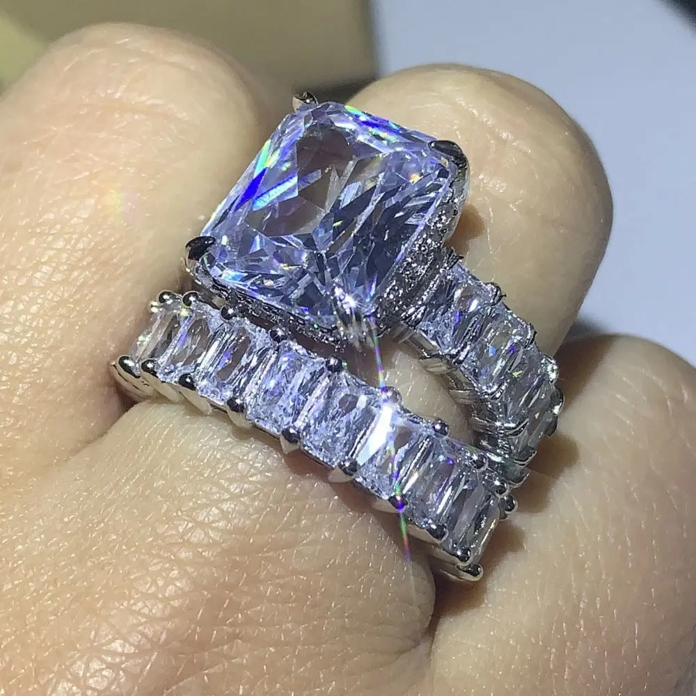 Anéis de joias personalizados, joias de prata 925 brilhantes, radiante grande 10*12mm 5a cz, conjunto de anéis de banda de noivado para casal