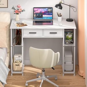 Escritorio Moderno Blanco <span class=keywords><strong>de</strong></span> 37.3 Pulgadas con Cajones y Estante <span class=keywords><strong>de</strong></span> Almacenamiento. Ideal para Niños y Adolescentes, Escritorio <span class=keywords><strong>de</strong></span> Estudio y Tocador <span class=keywords><strong>de</strong></span> Maquillaje para Dormitorio - Product Image 1