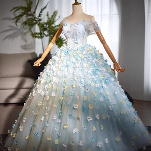 Blue Floral Strapless Ball Gown Chiffon Empire Waistline Evening Dress For Women - Product Image 3