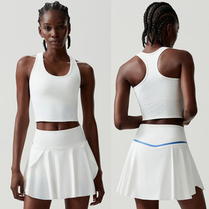 Conjunto Deportivo de Secado Rápido de Cintura Alta para Mujer, Top Corto con Cuello en U y Falda/Pantalones Cortos/Vestido de Tenis de Poliéster Elástico, Personalizable - Product Image 4