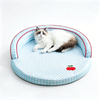 Coussin rafraîchissant rond en soie glacée pour chat, avec rebord surélevé de 12 cm, design à motif écossais enveloppant à 360°, amovible et lavable, garnissage en coton PP, également adapté aux chiens