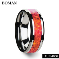 Bague en carbure de tungstène de 8mm en gros bords biseautés incrustation anneaux d'opale rouge véritables anneaux de tungstène d'opale bleue