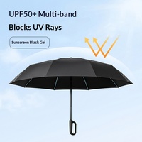 Payung Lipat Otomatis Ring-lock 10 Tulang Berlapis Hitam Anti UV Tahan Hujan Dapat Digantung di Tas Portabel Dapat Disesuaikan
