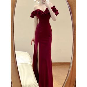 off the Shoulder Tea-Length <b>Spaghetti</b> <b>Strap</b> High Slit Natural Waist Cashmere Vintage Evening Gown Solid Color - Product Image 3