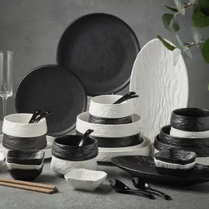 Japanese Stone pattern white black ceramic tableware blows plates for household and commercial use porcelain dinner set