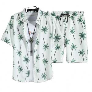 Costume de plage d'été pour hommes Ensemble décontracté tendance Chemise à manches courtes pour hommes Short Loose and Handsome Wearing Flower Shirt - Product Image 1