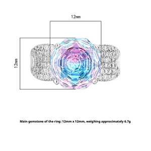 เครื่องประดับคุณภาพสูง แหวนทองแดงรักษ์โลก ทรงโรสคัต 12 มม. ประดับเพชรซิร์คอนไล่สี แหวนวงใหญ่หลากสีสันสำหรับผู้หญิง - Product Image 2