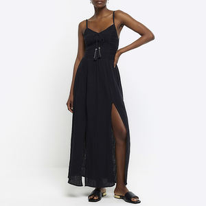 Venta al por mayor vestido de verano para mujer negro fruncido superior Swing Maxi vestido alto muslo hendidura Spaghetti Strap vestidos de fiesta - Product Image 1