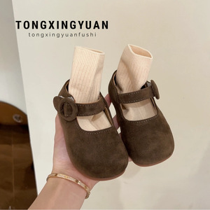 Girls' Princess Shoes Round Buckle Fashion Single Shoes Lightweight Soft <b>Sole</b> Loafers Party 4-6Y Solid Color - Product Image 2