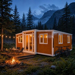 Maison conteneur extensible préfabriquée, finition bois, structure métallique blanche, pour camping, VTT, glamping, vente <span class=keywords><strong>en</strong></span> gros, fournisseur d'usine - Product Image 1