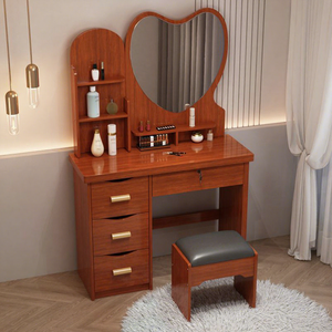 Table de toilette en bois au design simple et moderne avec rangement, panneau en bois, miroir éclairé par LED pour la chambre à coucher - Product Image 2