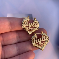 Pendientes de Bambú Personalizados con Nombre, Forma de Corazón, Elegantes, de Acero Inoxidable, Grandes, Modernos, para Mujer