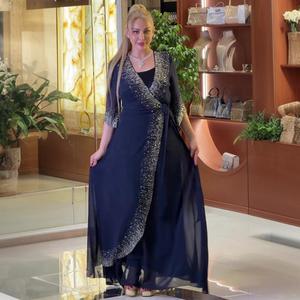 فستان نسائي مسلم من الشيفون المزين بالألماس مع فستان داخلي وعباءة كارديجان للحفلات - Product Image 3