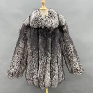 Großer Revers vertikaler Streifen Silberfuchs Mantel Frauen Overs ize Plus Size Winter Pelzmantel