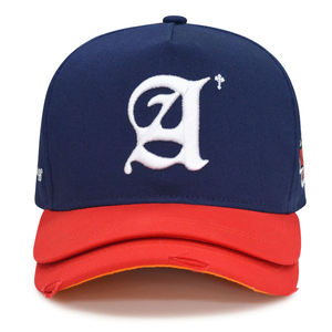 Casquettes de baseball 5 panneaux personnalisées en sergé vieilli à double visière, broderie 3D en relief, visière double couche incurvée, fermeture snapback sport 100% - Product Image 4