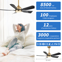 Ventilateur de plafond contemporain de 52 pouces avec 5 pales en ABS, finition noir et or, éclairage LED et télécommande à moteur DC
