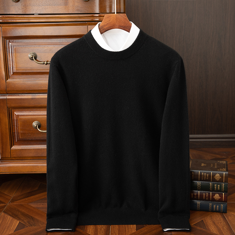 100% Cashmere Fabric Men's Cashmere Sweater Round Neck Solid Color Casual Sports Thick Warm Base Knitted Sweater