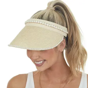 Protección UV Ala ancha Playa Sombrero para el sol Perlas Clip ajustable en mujeres Sombrero de visera de paja