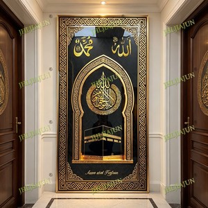 Art mural islamique <span class=keywords><strong>opulent</strong></span> noir et or avec calligraphie Kaaba <span class=keywords><strong>Ayat</strong></span> Al-Kursi, décoration de maison musulmane, peinture en porcelaine à LED et cristaux - Product Image 3