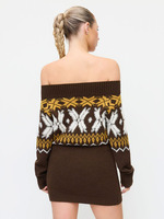 Robe pull mini Joydressing à épaules dénudées en tricot Fair Isle, jacquard géométrique marron pour femme, vente en gros, broderie personnalisée