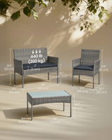 Ensemble de salon de jardin en rotin tressé SONGMICS 5 pièces avec structure en acier et table basse en verre pour l'extérieur