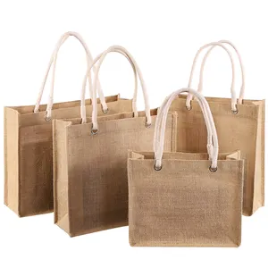 Wholesale Plain Different Size Jute Beach Bags Logo Print Jute Shopping Bag Hessian Burlap Tote Jute Bag With Cotton Cord Handle