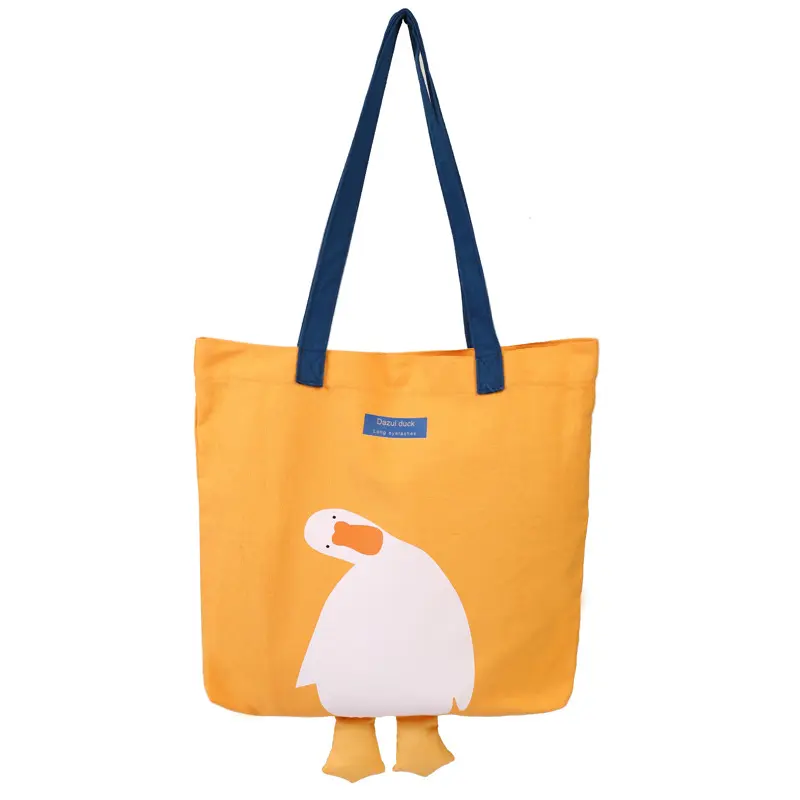 2024 Custom Cartoon Eend Print Katoen Canvas School Schouder Shopper Draagtas Met Schattige Voeten