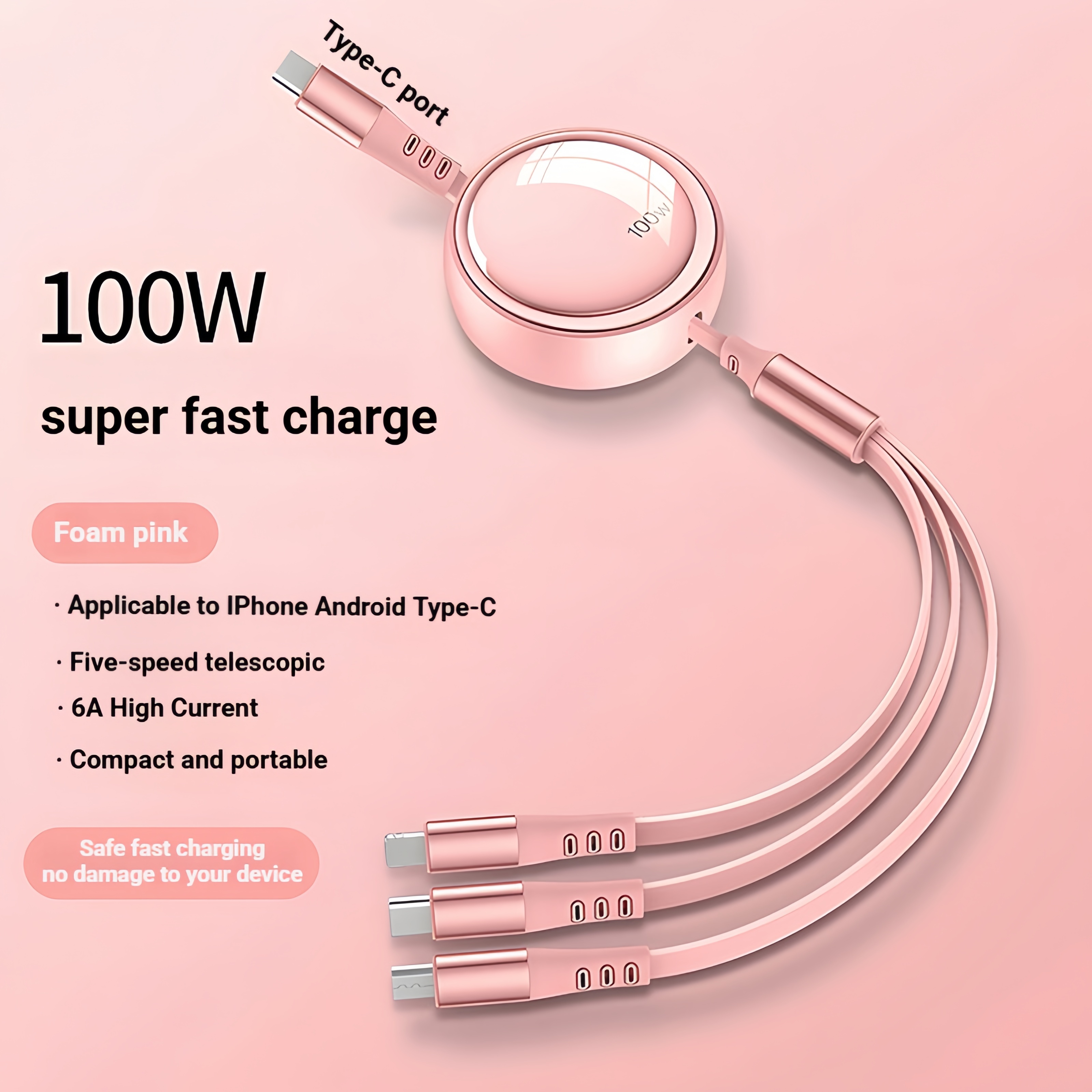 100W Tipo C 3 en 1 Rosa